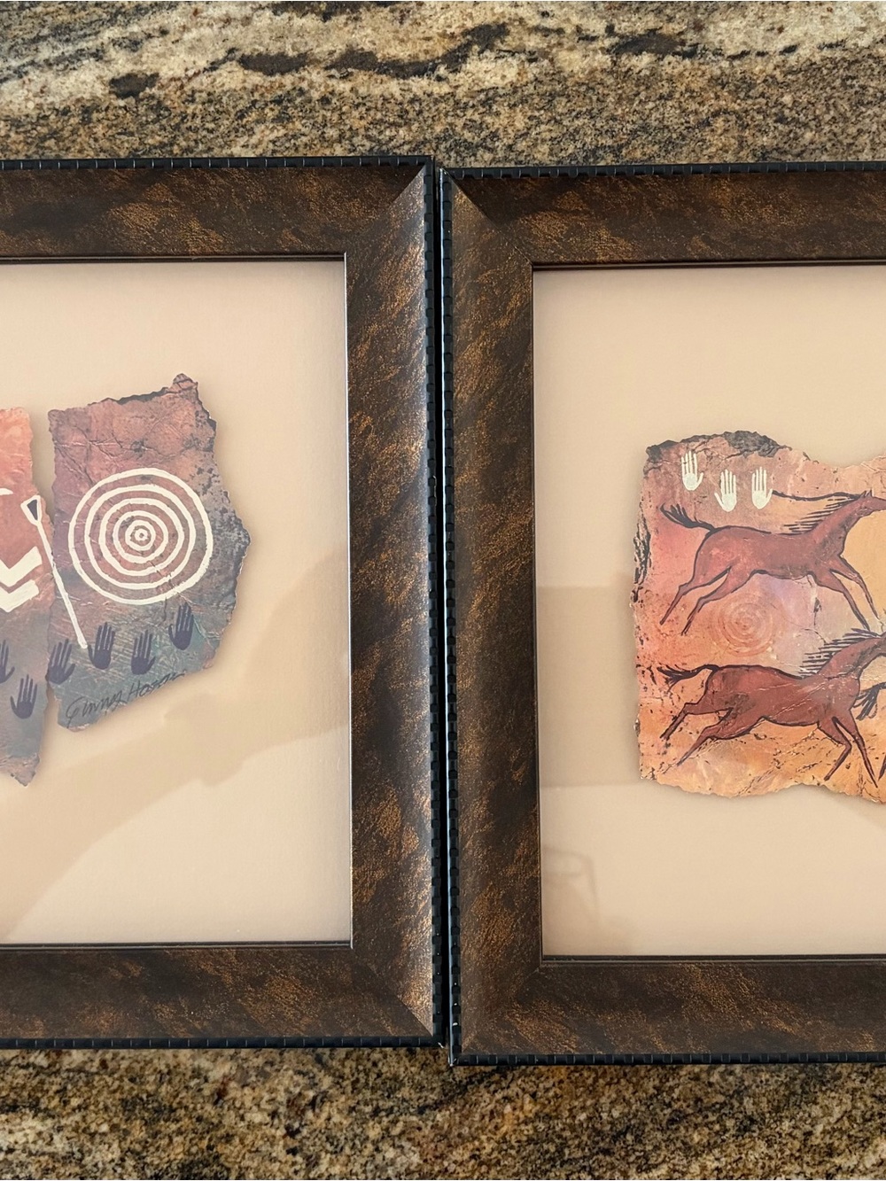 Set of 2 Santa Fe artist Ginny Hogan Framed and Matted Petroglyths